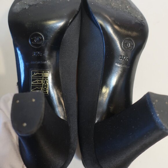 Womens Chanel Black Satin Mini Platform Mary Jane Heels 37.5 US/7 - Picture 14 of 15